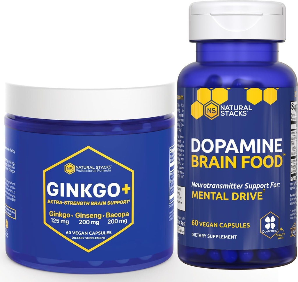 NATURAL STACKS Ginkgo Biloba + Dopamine Brain Food Bundle - Stöder Focus & Mental Drive * - 120 Total Capsules