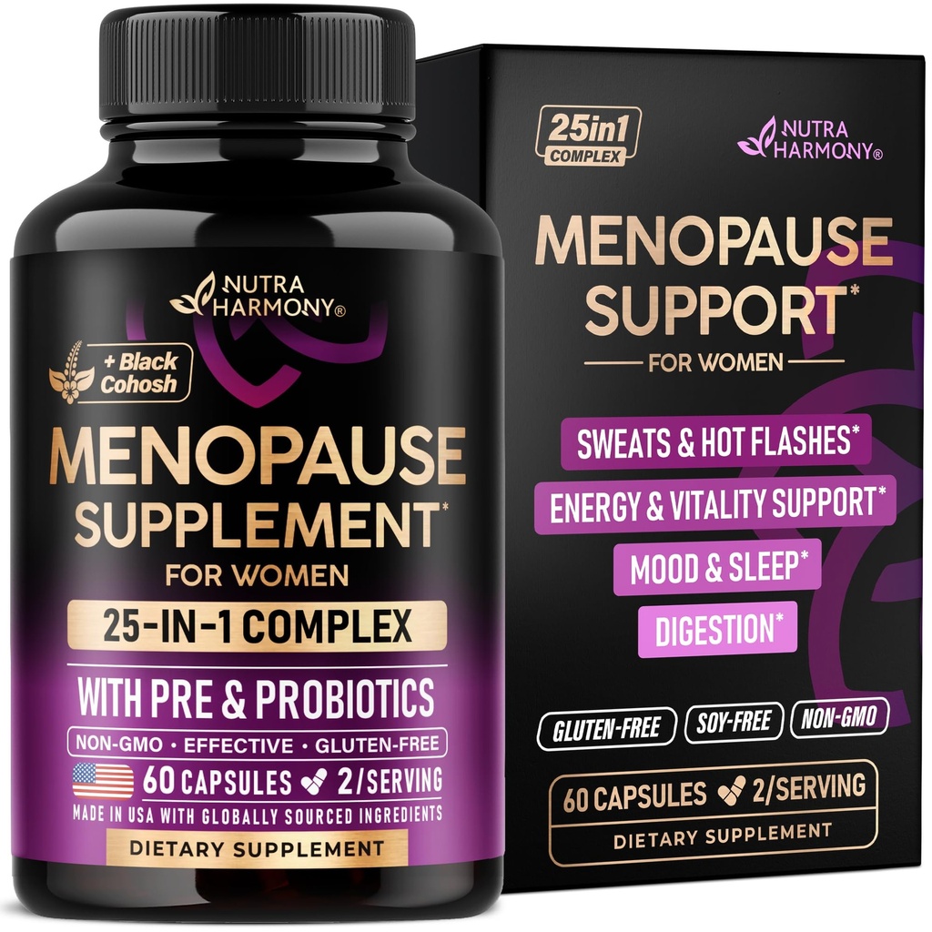 Klimakteriet kosttillskott för kvinnor - Dong Quai, Black Cohosh, Pre & Probiotics - Sweats & Hot Flashes Relief - Digestion, Sleep & Mood Support - 25-i-1 Perimenopause Complex - Tillverkad i USA - 60 kapslar