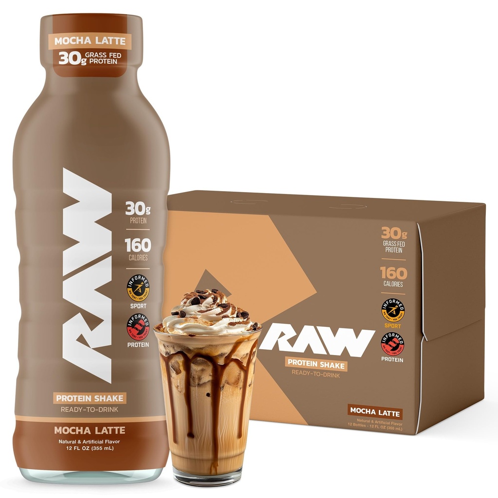 RAW Ready-to-Drink Protein Shake, Mocha Latte - RTD Protein Drinks med Grass-Fed Whey Protein Isolate för Post-Workout - Zero-Sugar & Gluten-Free Meal Replacement Drink & Breakfast Shake, 12 Fl Oz