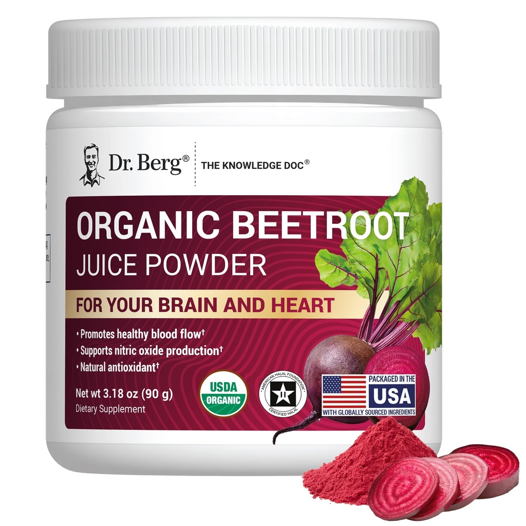 Dr Berg Raw Organic Beet Powder från Real Earth-Grown Beets - USDA Certified Organic Beet Root Powder för att stödja kväveoxidnivåer, energi, blodflöde och hjärthälsa * - 30 portioner