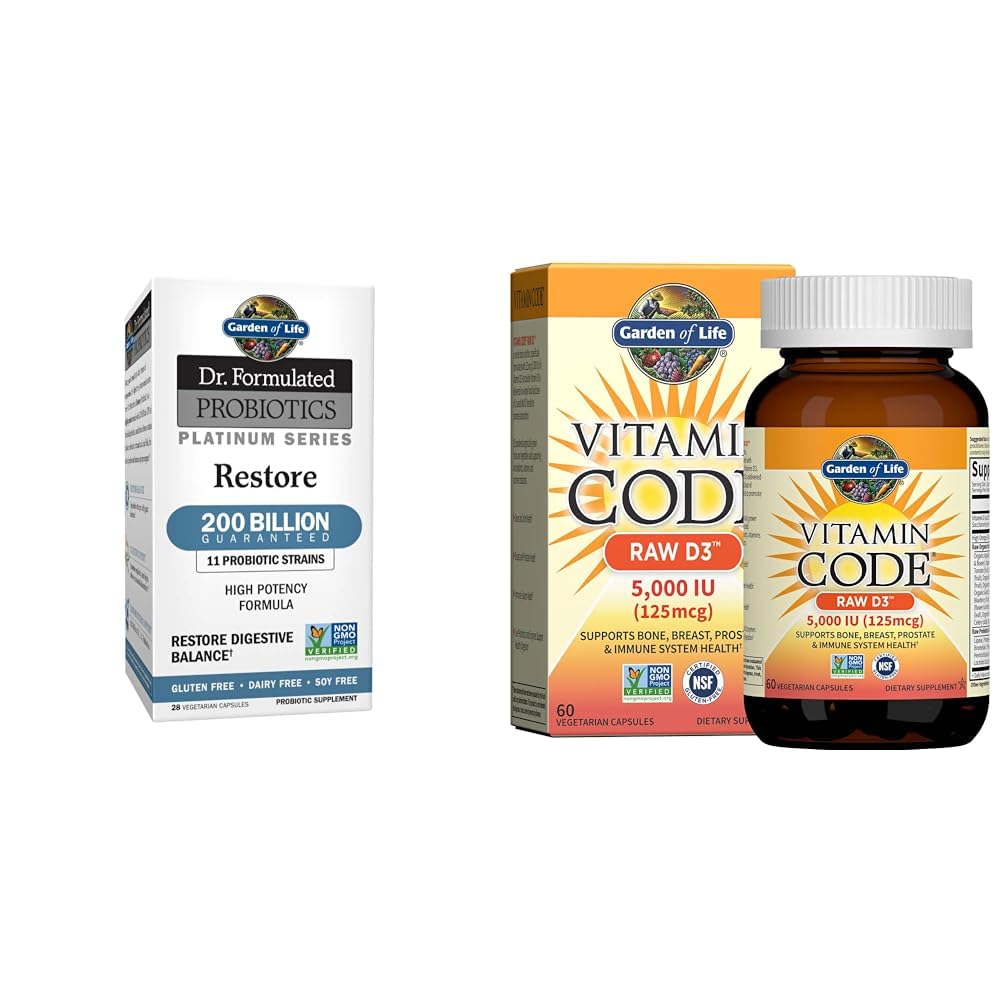 Garden of Life Dr. Formulerad Probiotics Platinum Series Återställ 200 miljarder och vitamin D, Vitamin Code Raw D3, vitamin D 5 000 IE, Raw Whole Food Vitamin D