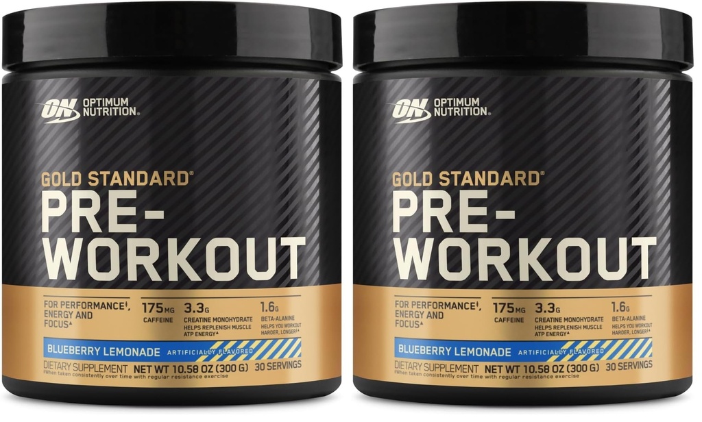 Optimum Nutrition Gold Standard Pre-Workout, Vitamin D för Immune Support, med Kreatin, Beta-Alanin och koffein för energi, Keto Friendly, Blueberry Lemonade, 30 portioner, (Pack of 2)