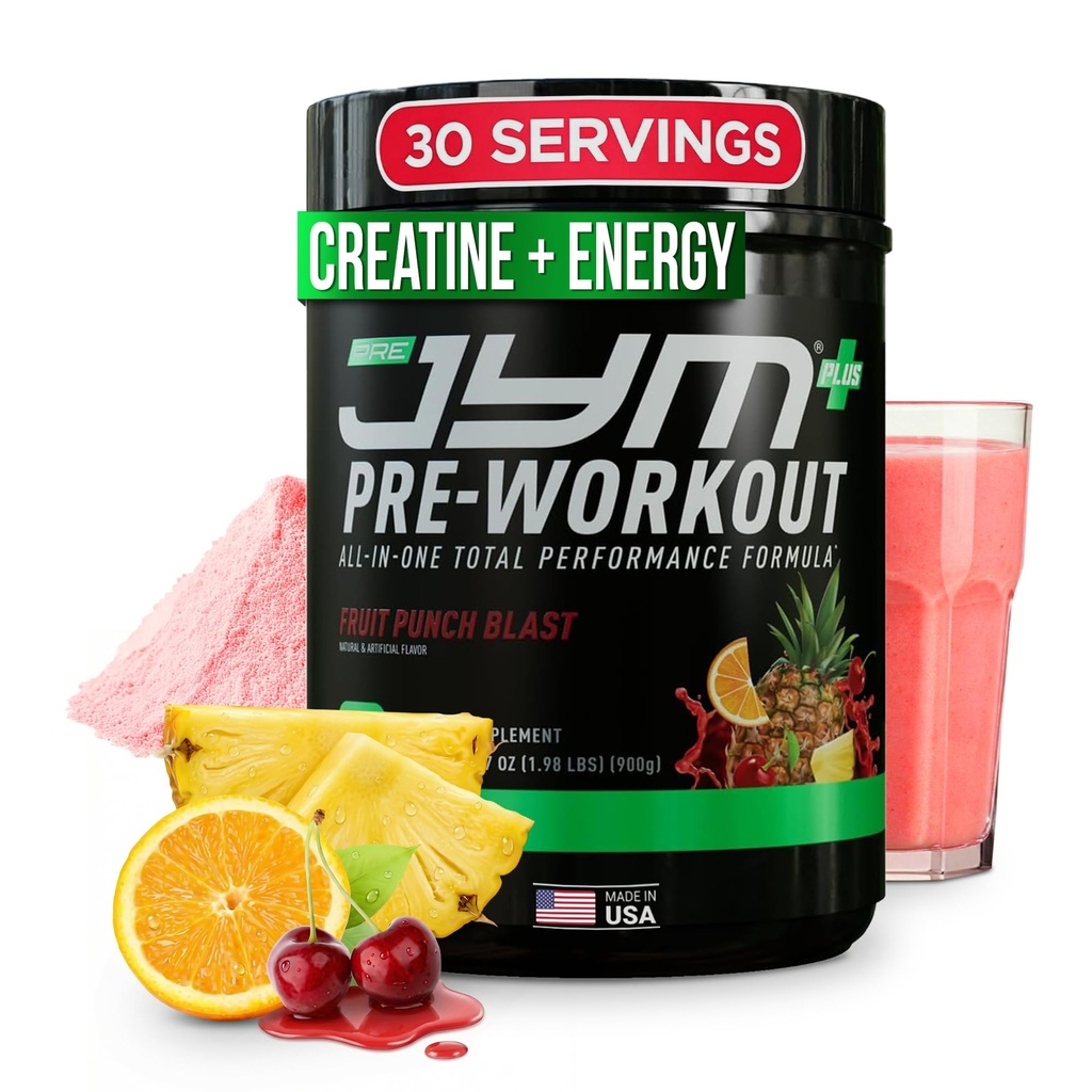 JYM Supplement Science Pre JYM Plus Fruit Punch Pre-Workout Powder, Amino Nitrates, Creatine, Betaine, Nootropics, BCAA, för Män & Kvinnor, 30 portioner
