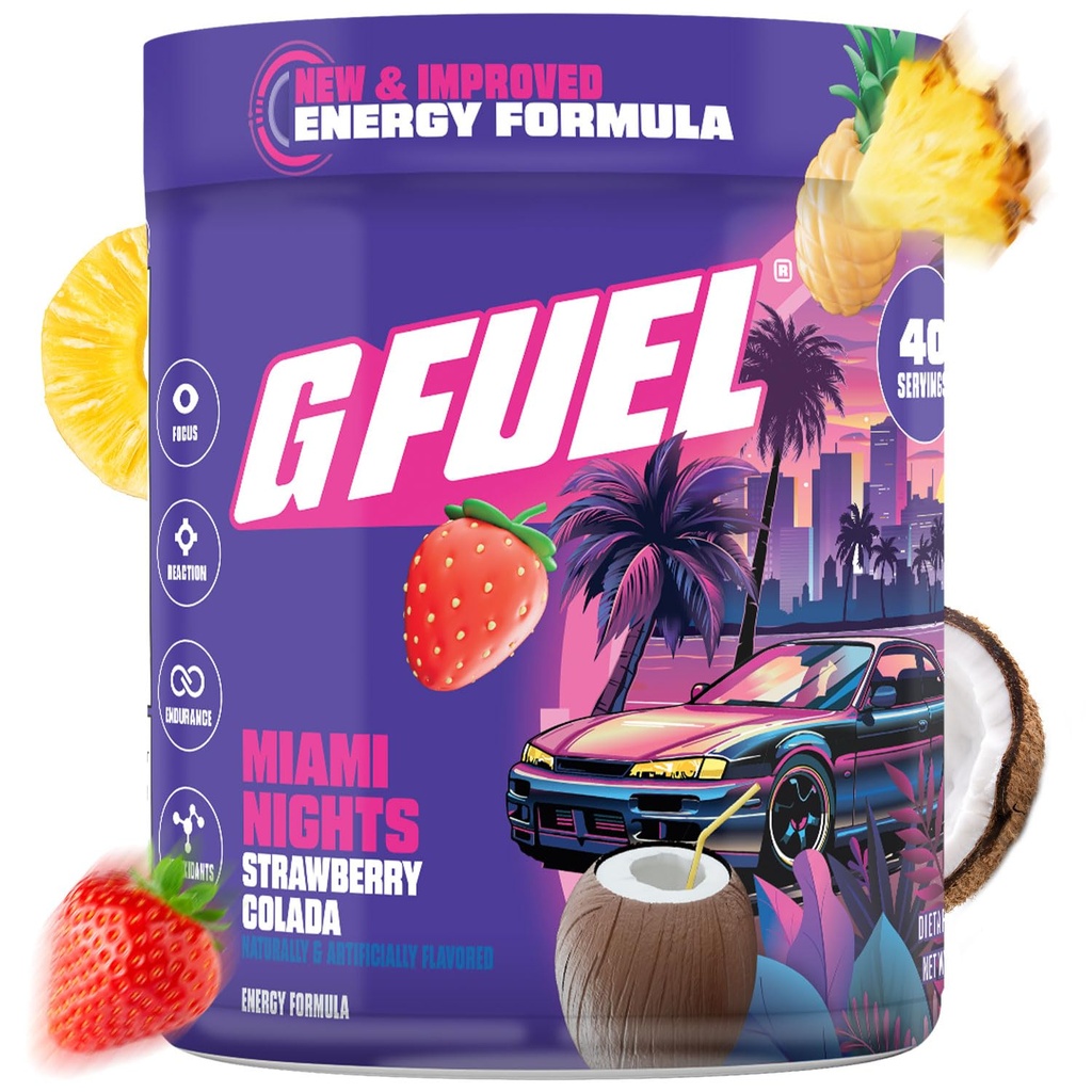 G Fuel Miami Nights 2.0 Energy Drink Powder, Pre Workout Caffeine Mix för spel, Sugar Free Focus Amino, Vitamin + Antioxidanter, 8.7oz (Strawberry Pina Colada, 40 portioner)