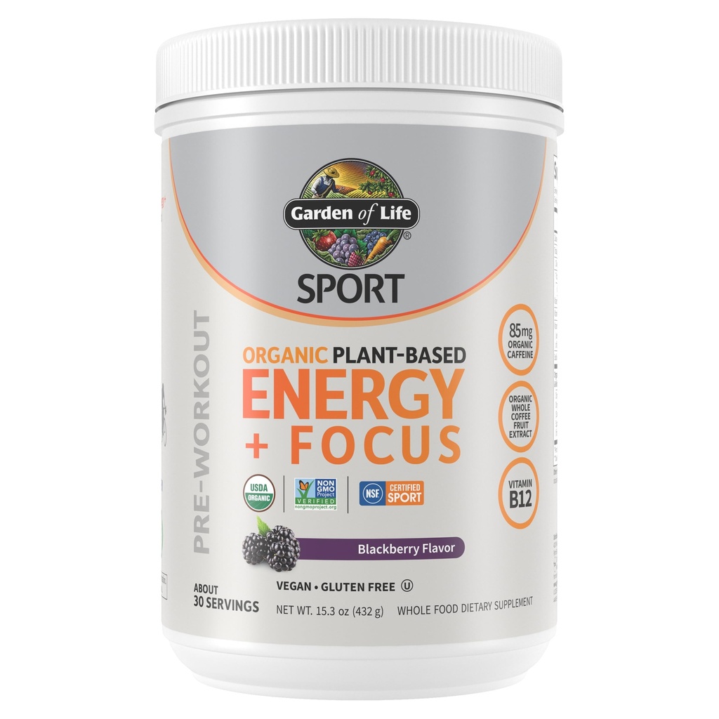 Garden of Life Sport Organic Plant Based Energy + Focus Clean Pre Workout Powder, med 85mg koffein, Natural No Booster, B12, Vegan, Gluten Free, Non-GMO, BlackBerry, 15.3 Oz