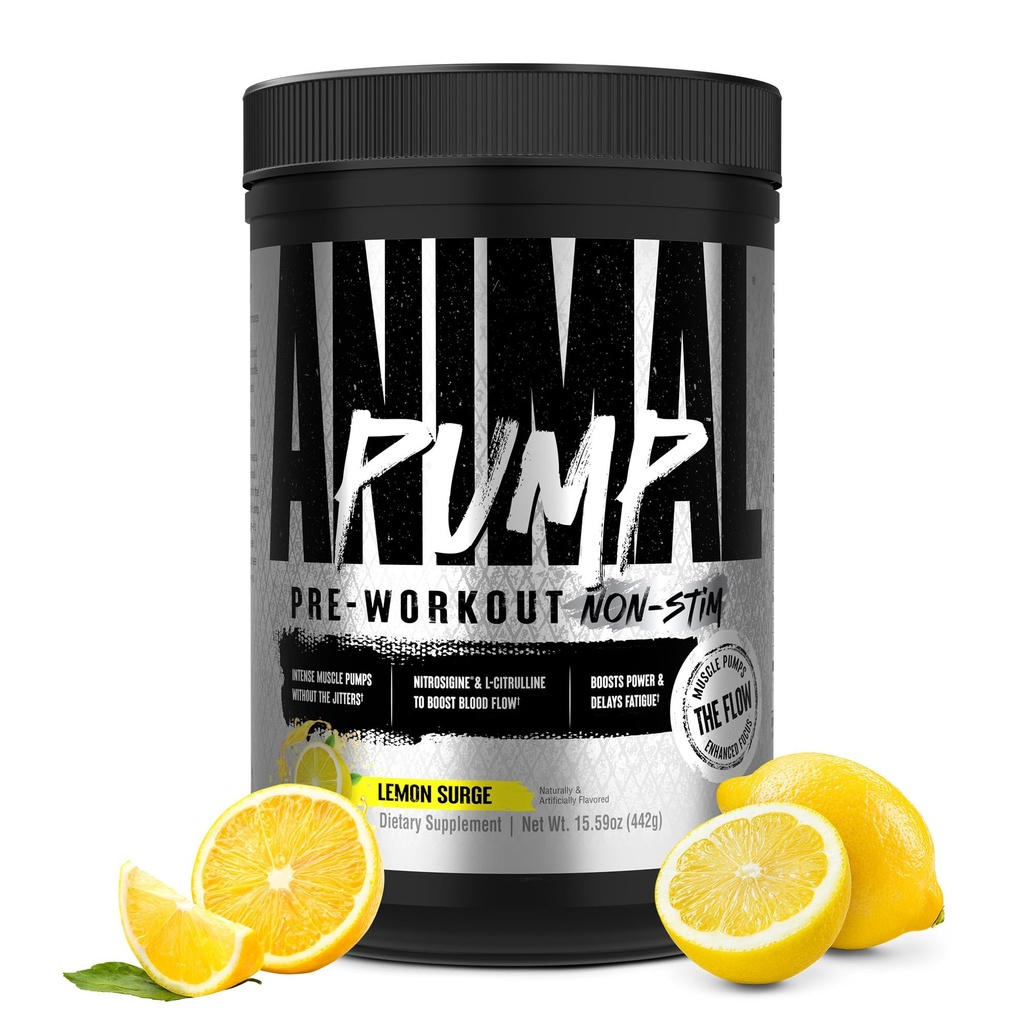 Animal Pump NS Stim-Free Pre Workout Powder för Män & Kvinnor - Koffeinfri preworkout för energi, fokus och muskelbyggare, Beta Alanine, Citrulline, Nitrosigine och Nootropics, Lemon Surge, 442g