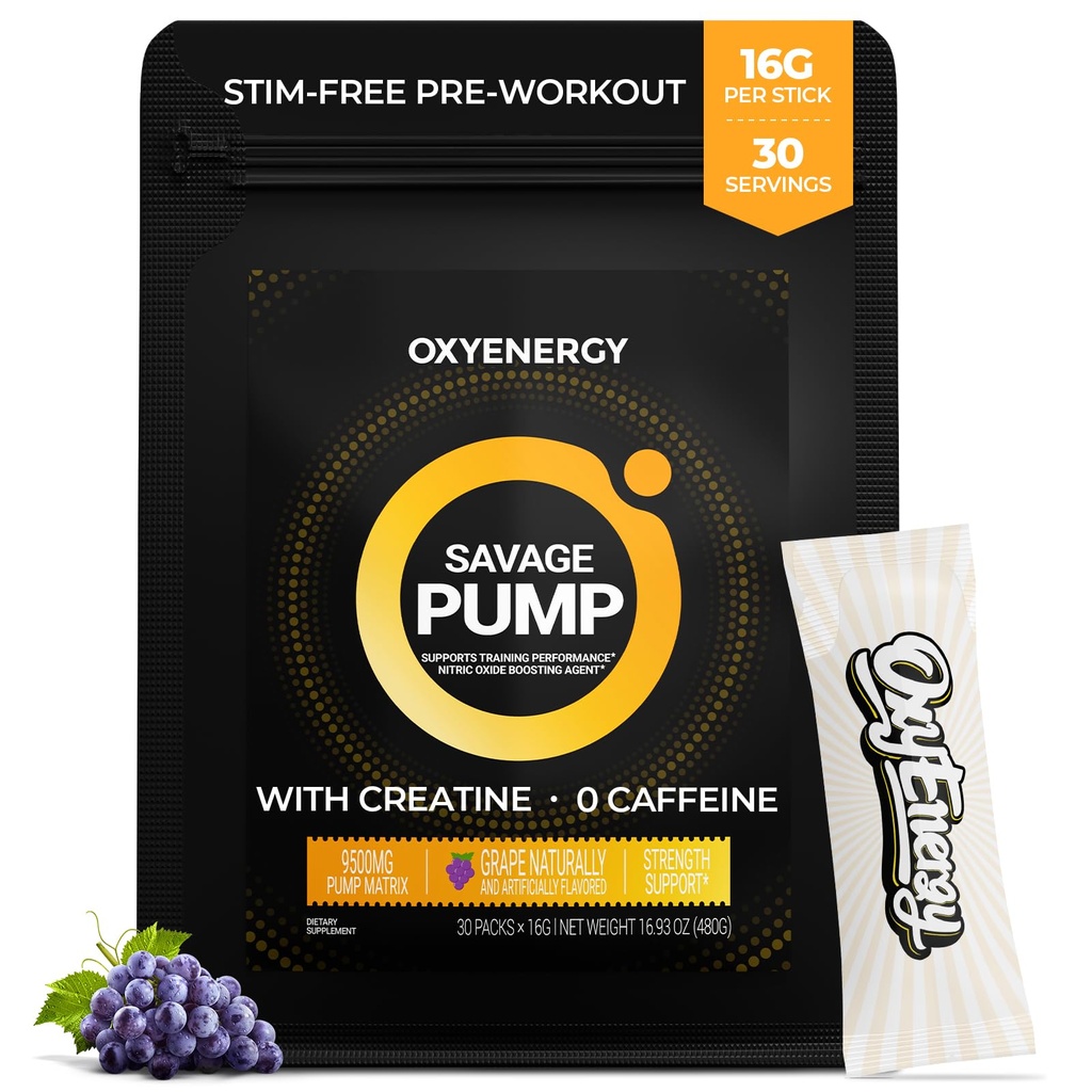 OxyEnergy Nitric Oxide Booster, Max Pump Non Stim Pre Workout Powder för män, med Beta Alanine, L Citrulline, Kreatin för cirkulation, muskelpumpar, uthållighet, druva, On-The-Go Packet- 30 portioner
