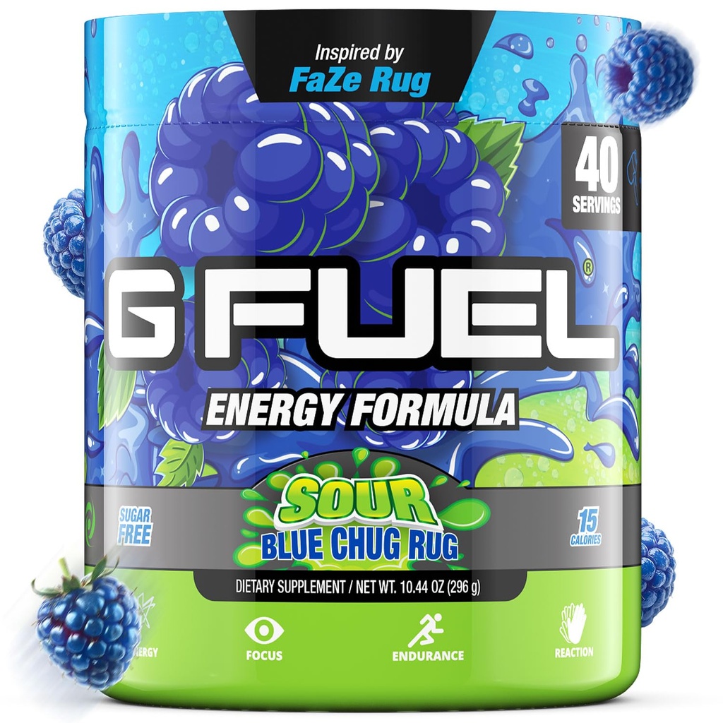 G Fuel Chug Rug Energy Drink Powder, Pre Workout Caffeine Mix för spel, Sugar Free Focus Amino, Vitamin + Antioxidanter, 10.44oz (Sour Blue Raspberry, 40 portioner)