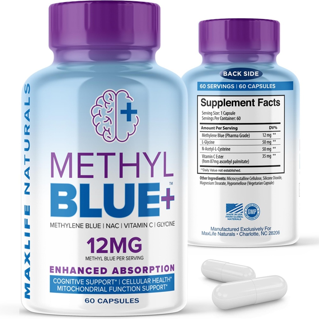 MAXLIFE NATURALS Pure Methylene Blue Capsules, Ultimate Methylene Blue Pharmaceutical Grade 12mg - 60 kapslar med vitamin C Ester & NAC Glycine, stöder Cellular & kognitiv funktion, tillverkad i USA