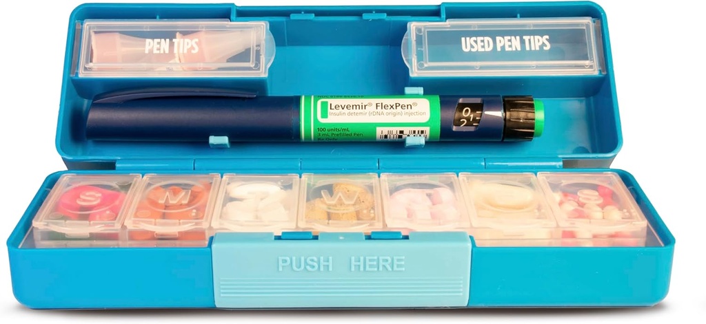 GMS Group Medical Supply, LLC Diabetic Pen Case & 7 Day Medicine Organizer - Travel Kit for Diabetic Supplies - på en Glance Medicine Reminder - Håller nya och använda Needles säkert - Small & Discreet