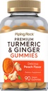 Piping Rock Turmeric och Ginger Gummies | 90 greve | Peach smak | Vegan Formel | Non-GMO, Gluten fri tillägg