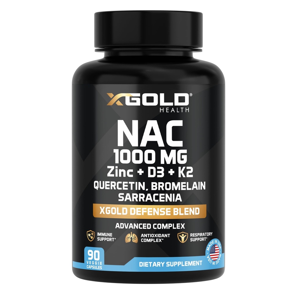 XGold Health NAC 1000 mg med Quercetin 95%, Bromelain, Zink, vitamin C, D3 & K2 Immune Support & Antioxidant Supplement Advanced Defense Blend 90 Veggie Capsules