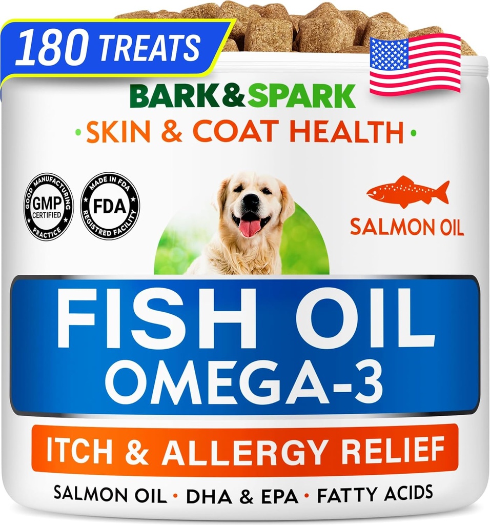 BARK & SPARK Omega 3 för hundar - 180 Fiskolja Behandlingar för hundspridning, hudallergi, Itch Relief, Hot Spots Behandling - Gemensam Hälsa - Hud och Coat Supplement - EPA & DHA Fatty Acids - Canine Salmon Oil