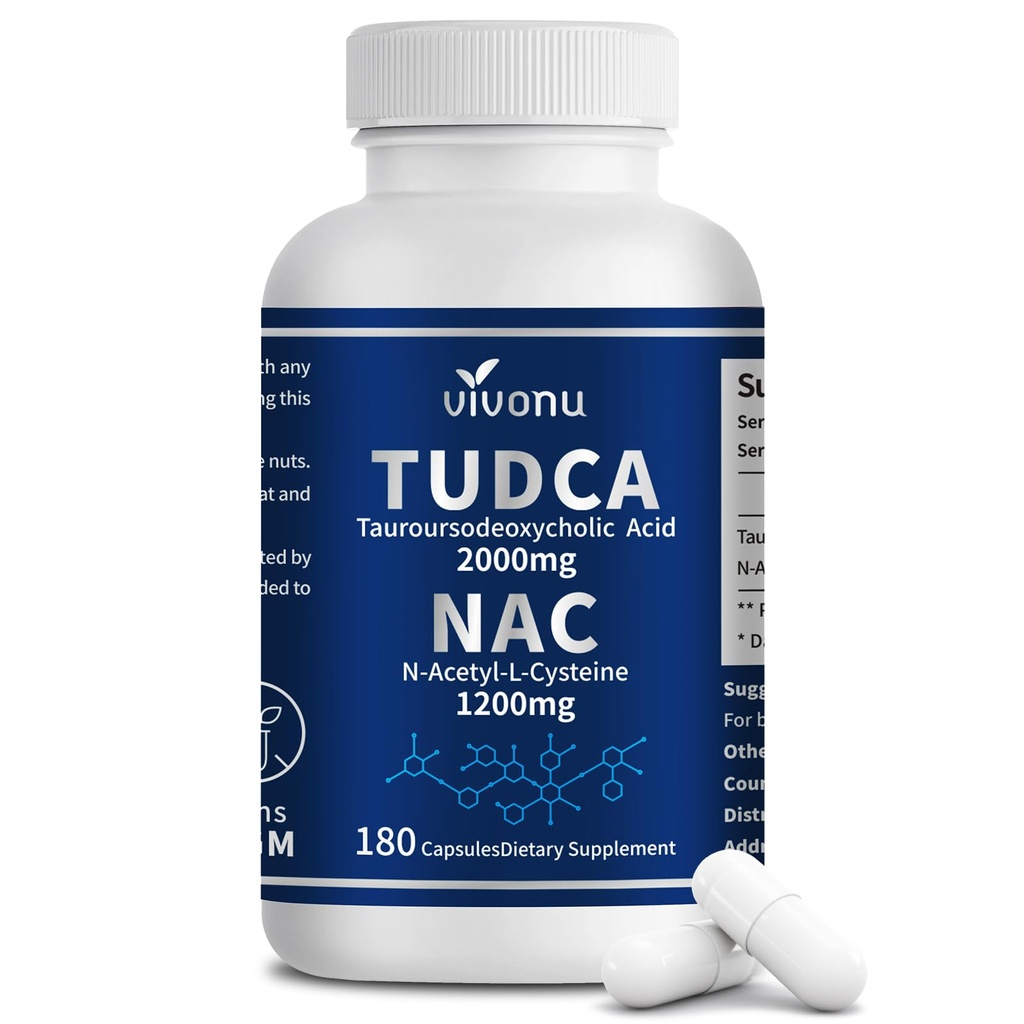 VivoNu TUDCA 2000mg + NAC 1200mg Supplement Complex Capsules, Powerful TUDCA Bile Salt + N Acetyl Cysteine, Antioxidant Supplements for Liver & Lung& Gallbladder Cleanse, Digestion - 180 Capsules