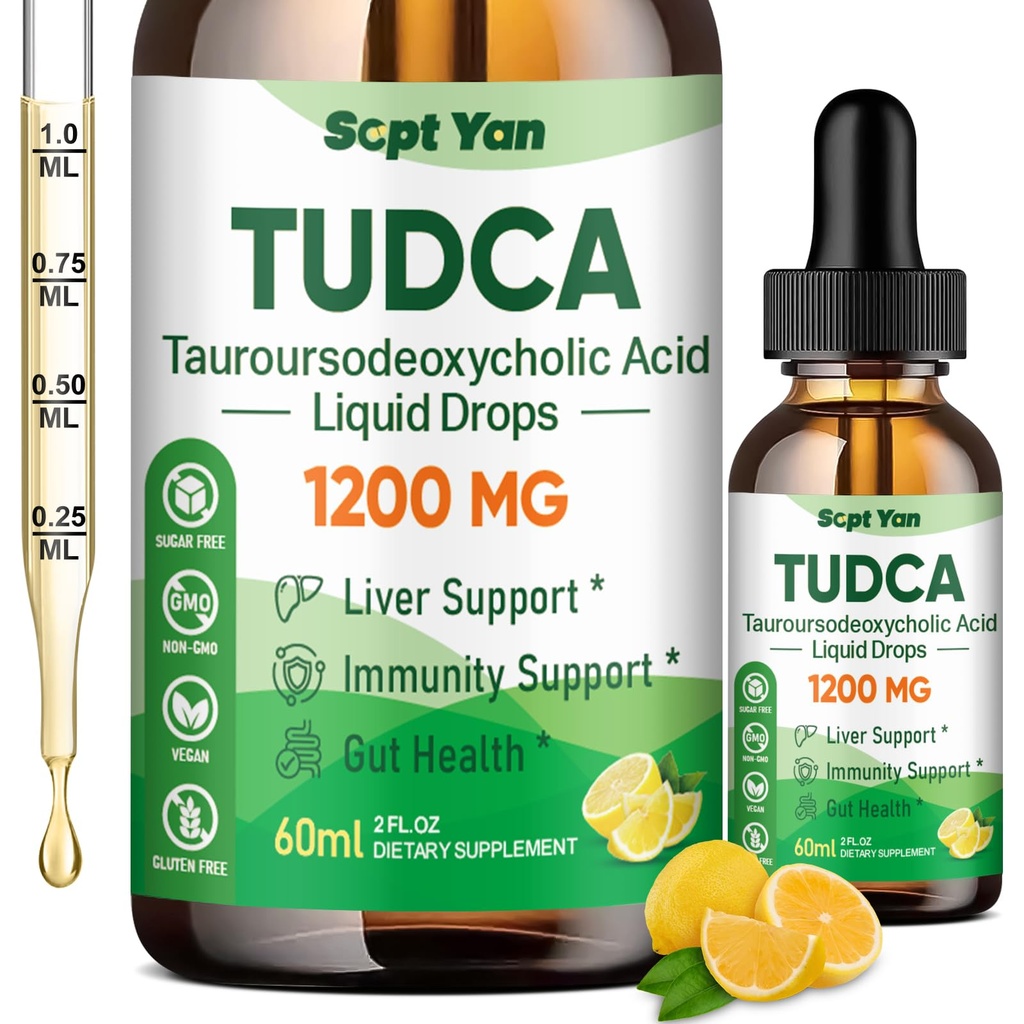 TUDCA Supplement 1200mg Liquid Drops, Liver Supplement with TUDCA, NAC, Milk Thistle Seed and Dandelion , for Liver Support, and Gallbladder Cleanse & Repair, Sugar-Free, Vegan, Lemon Flavor, 2 Fl Oz