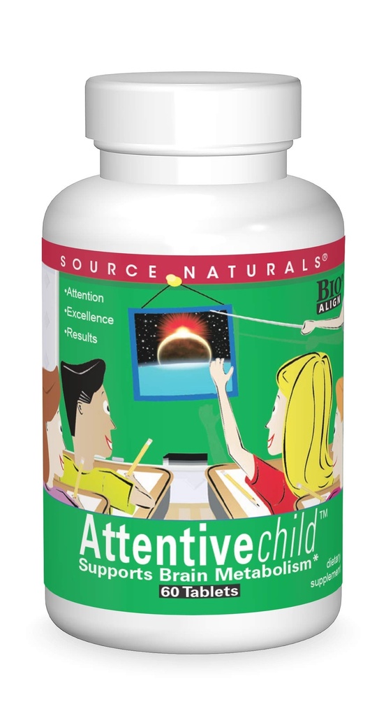 Källa Naturals Attentive Child - Friska kognitiva näringsämnen för aktiva barn - förbättrad fokus och uppmärksamhet med DMAE, Magnesium, Zink & Grape Seed Extract - 60 tabletter