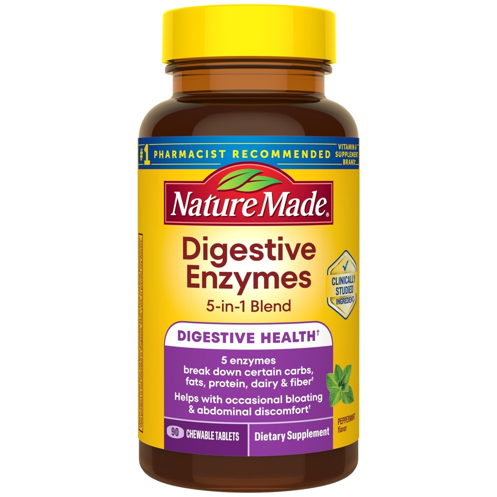 Nature Made Digestive Enzymes 5-i-1 Blend, Digestive Health Support, 90 Chewable Tablets, 30 Day Supply
