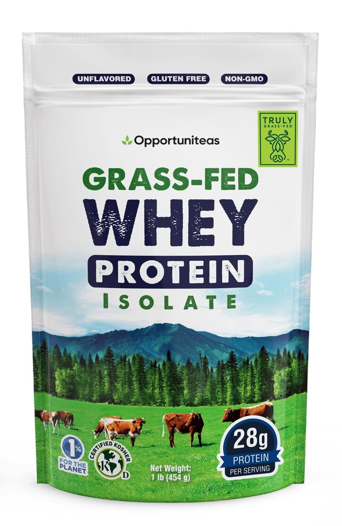 Opportuniteas Grass Fed Whey Isolate Protein Powder - Unflavored, Heavy-Metal Tested, 28g Protein, Källa från Irland, Hormon-Free, Non-GMO, Packad i USA - 1lb