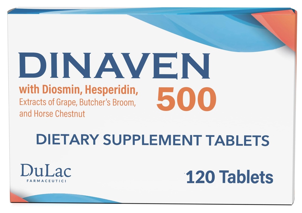Dulac Dinaven 500, Micronized Diosmin Hesperidin Dietary Supplement 1000mg per portion, Horse Chestnut Extract, Butchers Broom & Red Grape Extract, Leg Circulation Support, 120 tabletter, Made in Italy