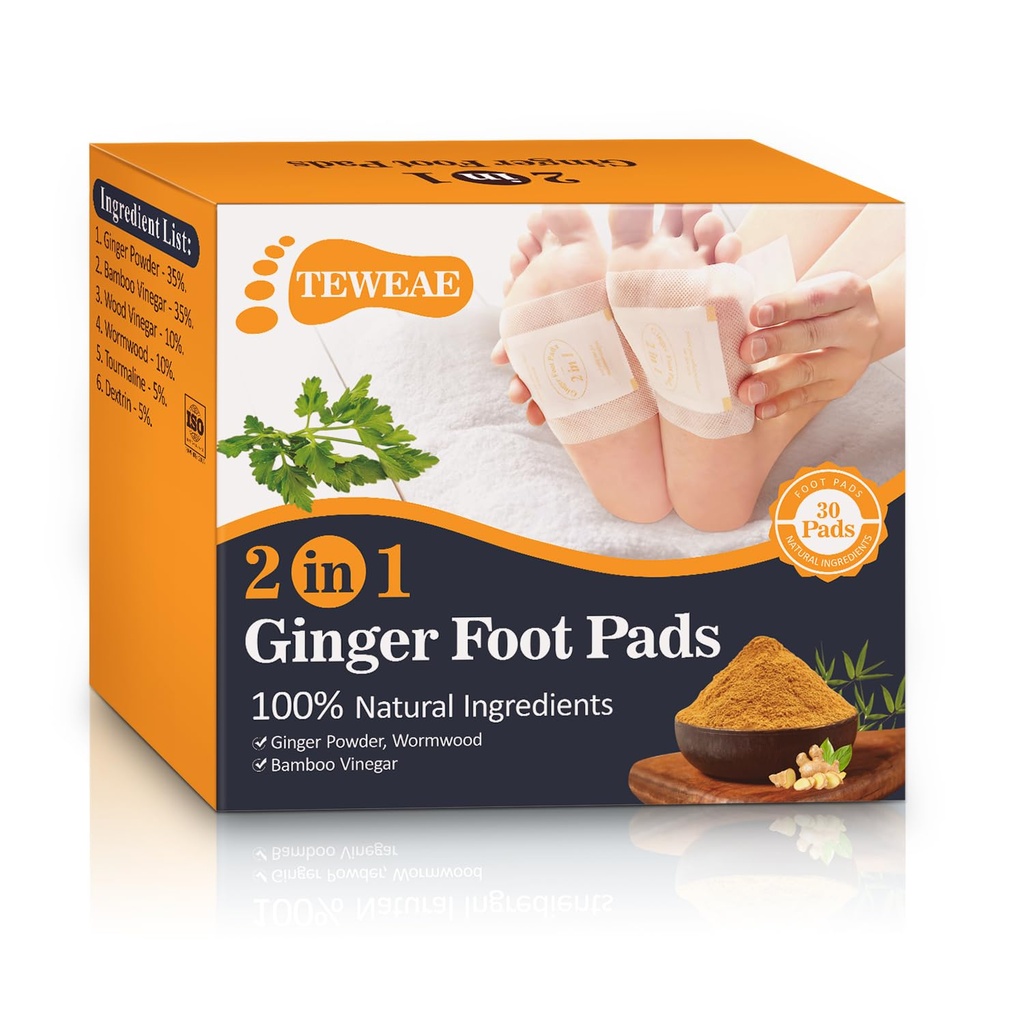 TEWEAE Ginger Foot Pads, 2 in 1 Design Premium Natural Bamboo Vinegar Foot Care Pad for Stress & Fatigue Relief, Foot Patches for Better Sleep, Feel Better,Wormwood Scent-30 Count