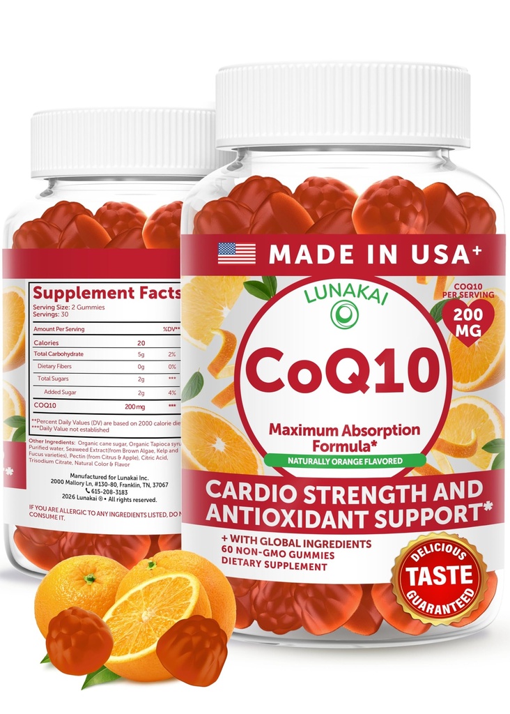 Lunakai USA Made CoQ10 Gummies for Adults - 200mg High Potency Coenzyme Q10 Supplement for Daily Heart, Energy & Antioxidant Support for Women & Men, Non-GMO, 60ct