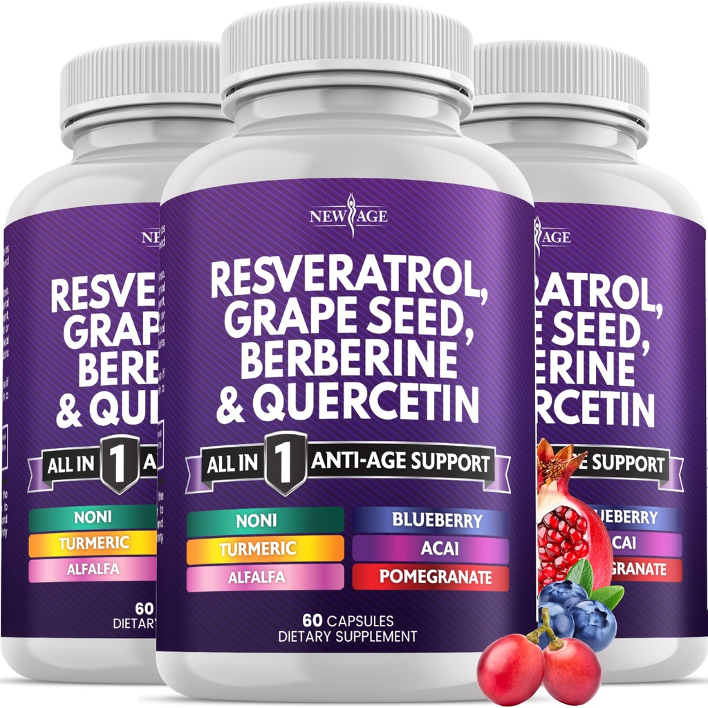 NEW AGE Resveratrol, Berberine, Grape Seed Extract, Quercetin, Polyphenol Supplement for Women and Men with Noni, N-Acetyl Cysteine, Acai - 180 Capsules