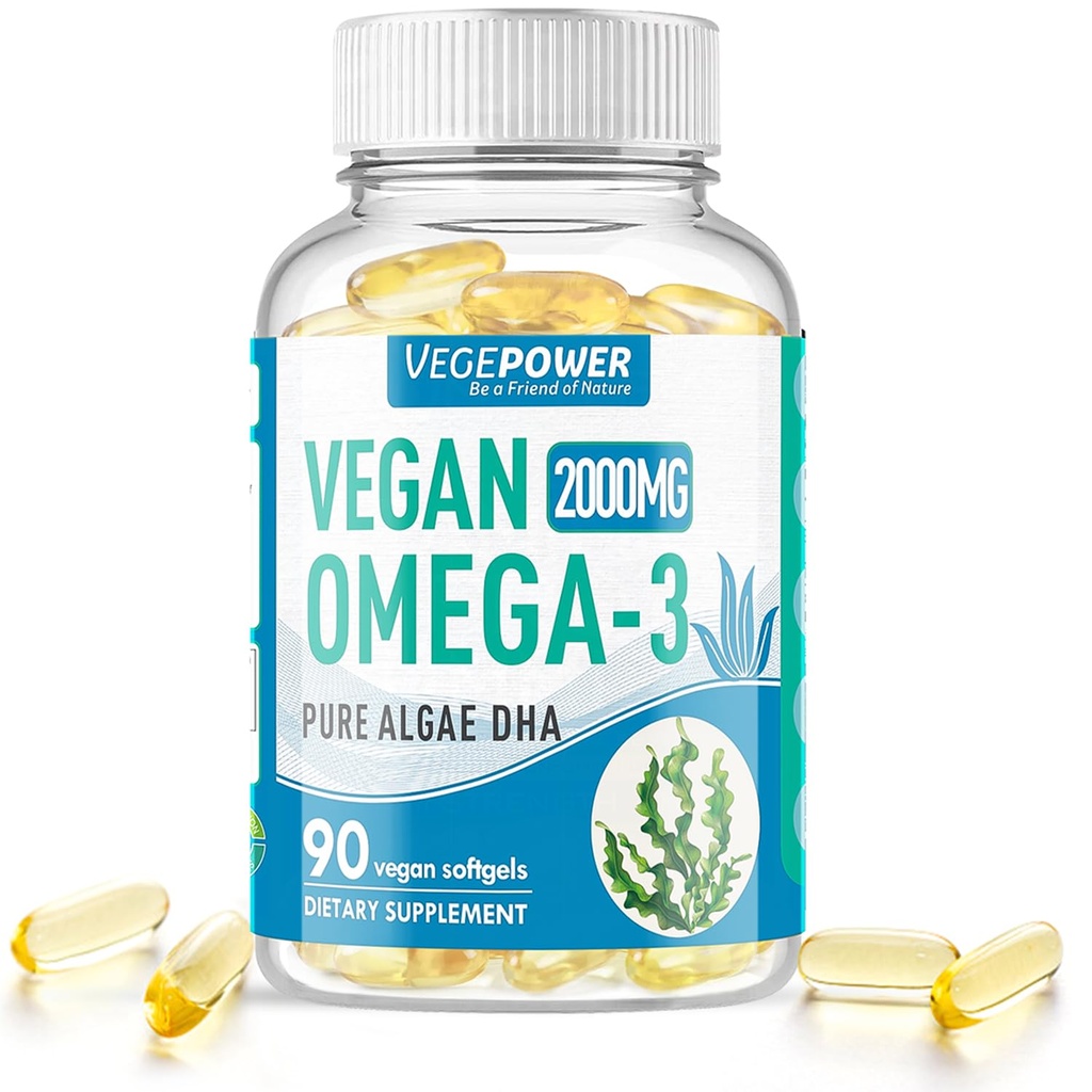 Vegan Omega-3 Algae DHA Supplements - 2000mg Algae Oil, Plant-Based Prenatal Algal DHA, 90 Carrageenan Free Softgels - Hållbar fiskolja Alternativ stöder hjärna, hjärta, ögon, gemensam hälsa