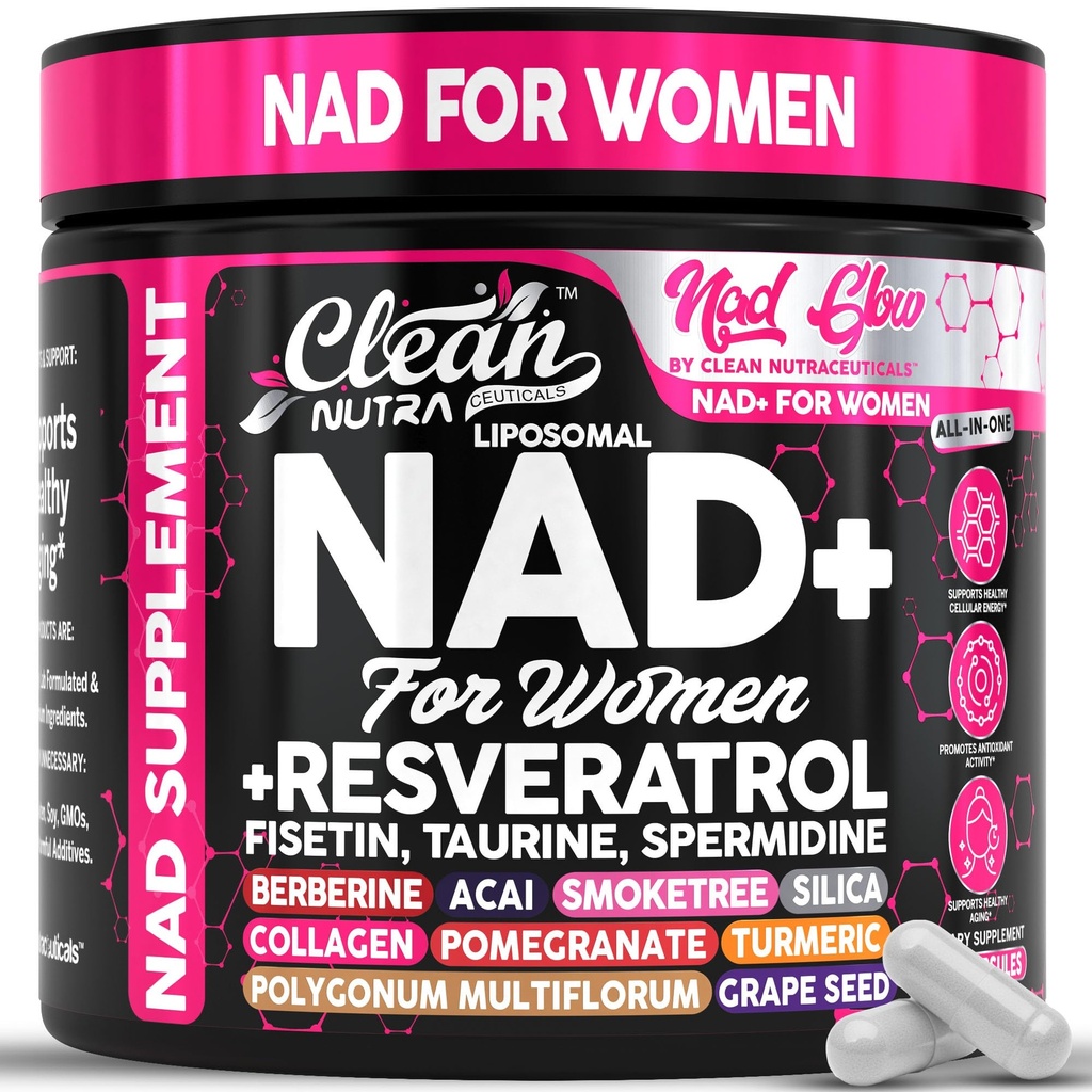 NAD+ Resveratrol Supplement for Women NAD Turmeric Vitamin C Acai Pomegranate Collagen Peptides Nicotinamide Fisetin Vitamin E Polygonum Multiflorum Berberine 90 Capsules by Clean Nutra