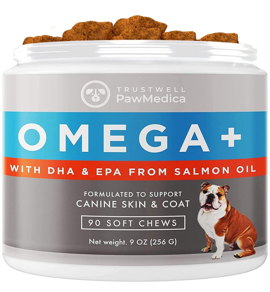 PawMedica Omega 3 för hundar, hundskinn och kosttillskott med fiskolja hjälper till med hundtorr hud, Omega 3 6 9 vitamin Chews för hundallergier