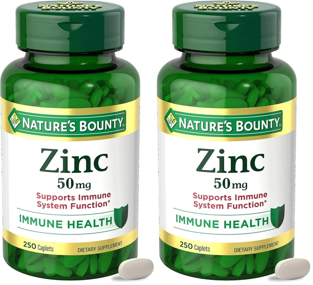 Naturens Bounty Zink 50mg, Immune Support & Antioxidant Supplement,Promotes Skin Health, 1 Caplet Per Day, Gluten Free,250 Vegetariska Caplets,(Pack of 2)