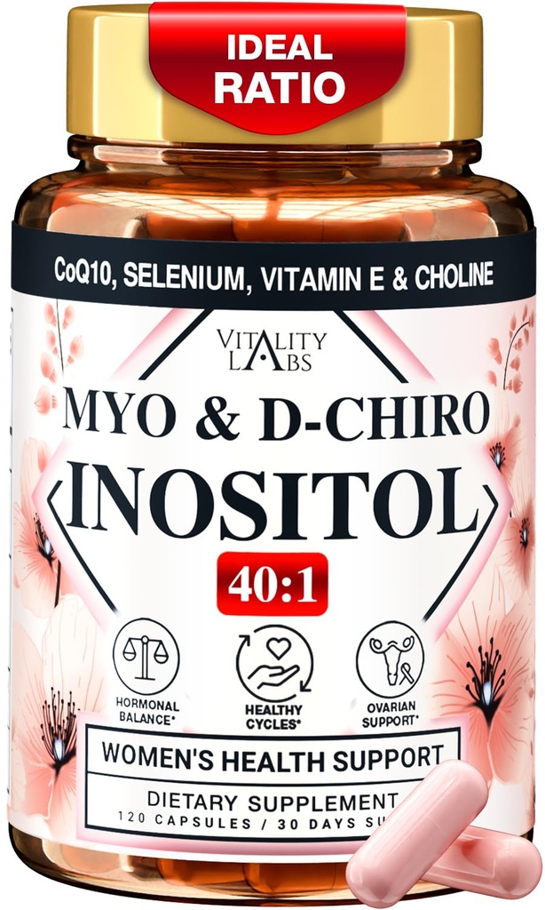 Myo-inositol & D-chiro Inositol Supplement for Women - Ideal 40:1 Ratio Complex for Fertility, Hormonal Balance, Menstrual Cycle & Ovarian Health Support with CoQ10, Choline & Selenium - 120 Capsules