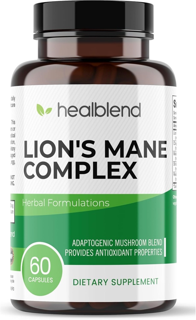 Mushroom Complex Extract med Lion's Mane Fruiting Body - 100% naturliga och effektiva energipiller - Brain, Focus Supplement, Stimulerar humör och kreativitet - 60 Immun Support kapslar