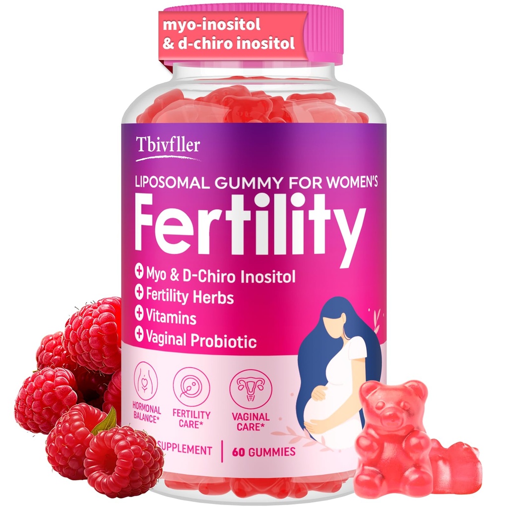 Fertility Supplements for Women, Prenatal Vitamins with Myo-Inositol & D-Chiro Inositol, Folate, Herbs, for Hormonal Balance, Fertility & Vaginal Care, 60 Prenatal Gummies (Raspberry)