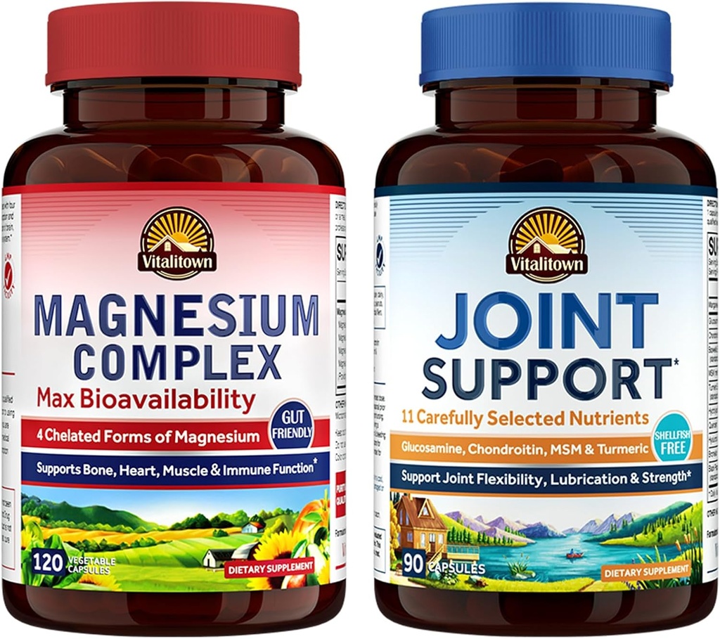 Vitalitown Magnesium + Glukosamin Chondroitin MSM Bundle (Pack of 2) | Magnesium Complex (punkt 1) & Joint Support * (punkt 2) | 120 Magnesium kapslar och 90 gemensamma kapslar