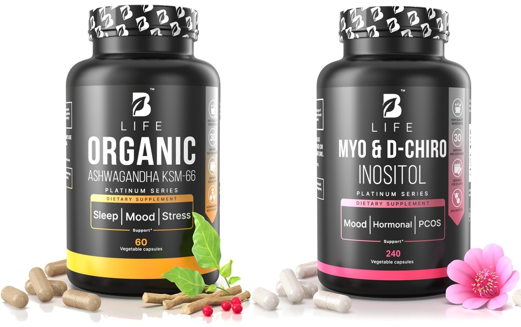 Ashwagandha KSM-66 + Myo-Inositol & D-Chiro Inositol by B Life | Hormonal Balance & Stress Support | 120 + 60 Capsules | Mood, Focus & PCOS Support | Made in USA