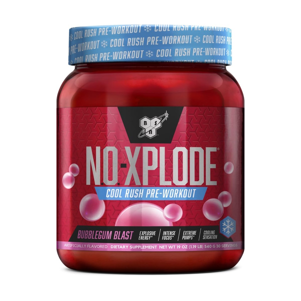 BSN N.O.-XPLODE Cool Rush Pre Workout Powder, Preworkout Energy Supplement för män och kvinnor med kreatin och Beta-Alanine, ny smak: Bubblegum Blast, 30 portioner