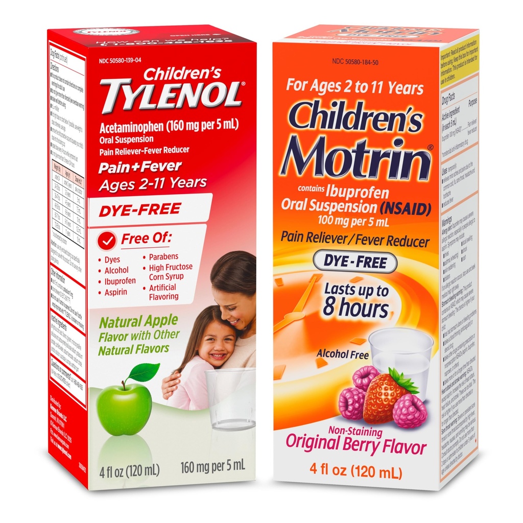 Tylenol Children's Liquid Pain Relief & Fever Medicine Oral Suspension, Free of Dyes, Natural Apple Flavor, 4 fl. Oz + Motrin Children's Oral Suspension Dye Free Berry Flavored, 4 fl. Oz
