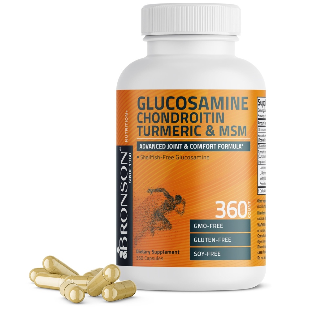 Bronson Glucosamine Chondroitin Turmeric & MSM Advanced Joint & Cartilage Formel, Stöder Hälsosamma Joints, Mobility & Cartilage - Icke-GMO, 360 kapslar