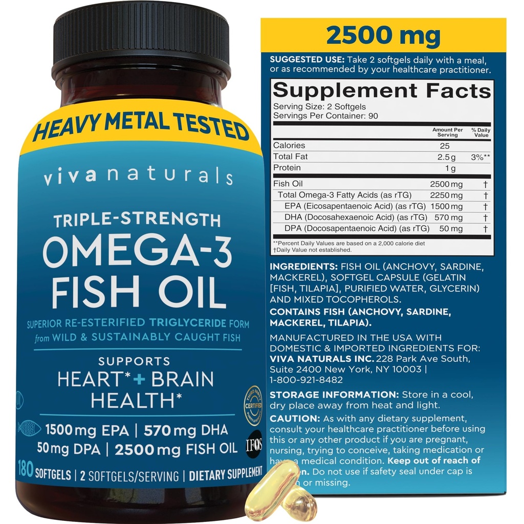 Triple Strength Omega 3 Fish Oil Supplement för män och kvinnor - 2500 mg hög styrka, Easy-to-Absorb Re-esterified Triglyceride Form, Pescatarian-Friendly DPA EPA DHA Omega 3 Supplement, 180 Softgels