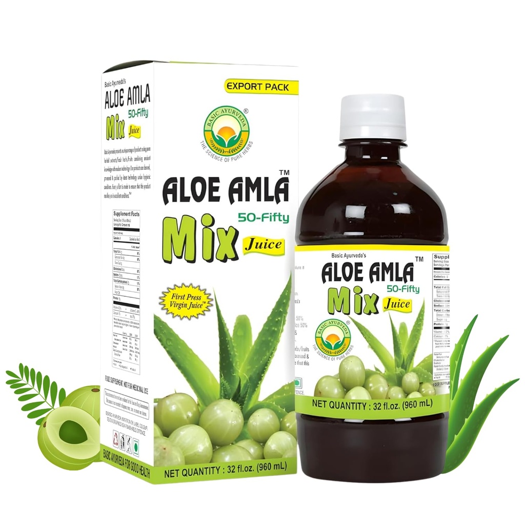 Basic Ayurveda Aloe Vera & Amla Herbal Mix Juice | 32.46 Fl Oz (960ml) | Supports Digestion, Immunity & Detox | Rich in Natural Vitamin C | No Added Sugar | Gluten Free, Non-GMO & Vegan