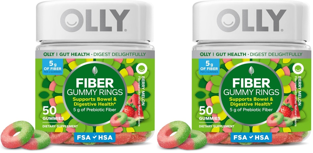 OLLY Fiber Gummy Rings, 5g Prebiotic Fiber, FOS (Fructo-oligosaccharides), Digestive Support, Berry Melon 50ct (Pack of 2)