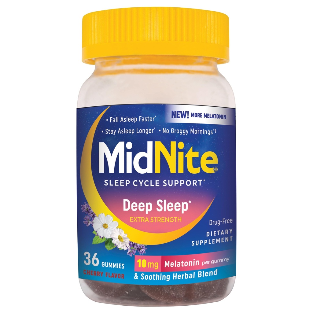 MidNite Deep Sleep Extra Strength, 10 mg Melatonin Sleep Aid, Non-habit Forming, Herbal Dietary Supplement för vuxna, drogfri, glutenfri, laktosfri, vegetarisk-vänlig, 36 Gummies