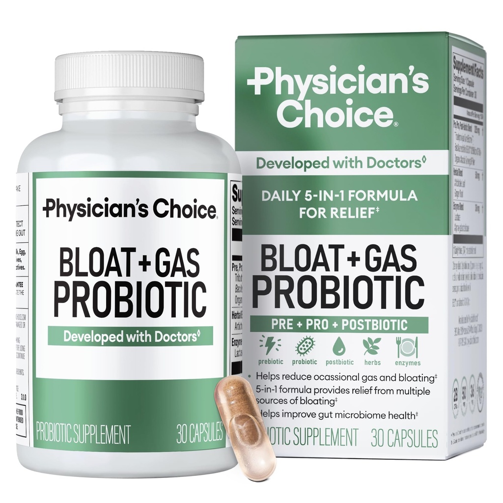 Läkares CHOICE Bloat & Gas Probiotic 5-i-1 Proactive Support + Daily Relief - Digestion & Gut Health- Herbals, Digestive Enzymes, Post & Prebiotics - Gas Relief för vuxna - Kvinnor & Män - 30ct