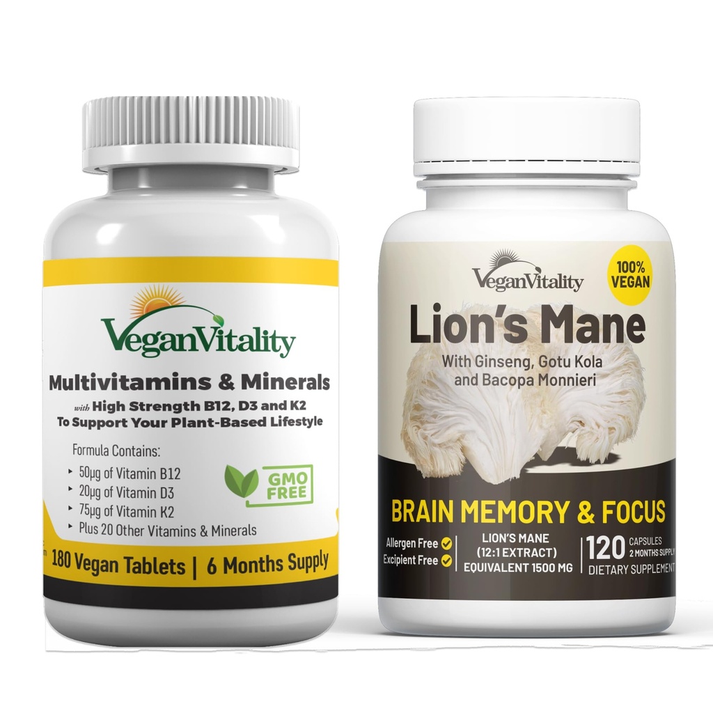 Vegan Vitality Brain Nutrition Bundle - Lions Mane Nootropic Capsules och Vegan Multivitaminer. Hög styrka växtbaserade tillskott för minne och fokus och övergripande hälsa för veganer och vegetarianer