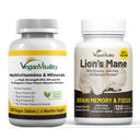 Vegan Vitality Brain Nutrition Bundle - Lions Mane Nootropic Capsules och Vegan Multivitaminer. Hög styrka växtbaserade tillskott för minne och fokus och övergripande hälsa för veganer och vegetarianer