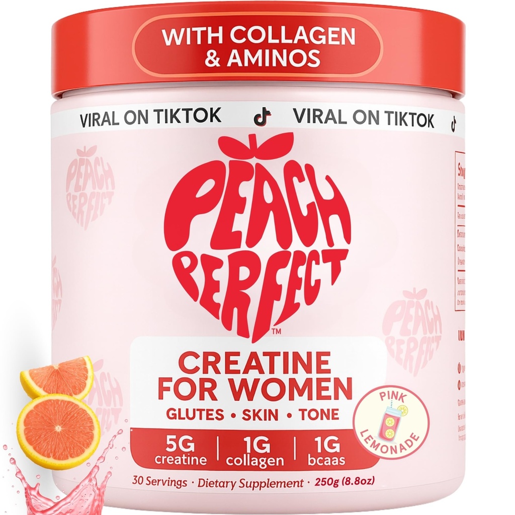 Peach Perfekt Kreatin för kvinnor - Micronized Kreatinmonohydratpulver med BCAA & Collagen för Glute Strength Support, ökar energi, fokus, styrka och uthållighet - Rosa Lemonade, 30 portioner