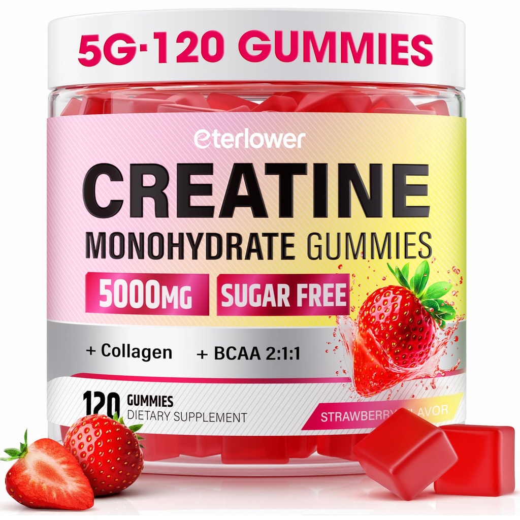 Kreatinmonohydrat Gummies, 5g Kreatin Gummies för kvinnor och män.Pre-Workout & Muscle Growth Support, Innehåller BCAA, Collagen, Sugar-Free, 120 greve