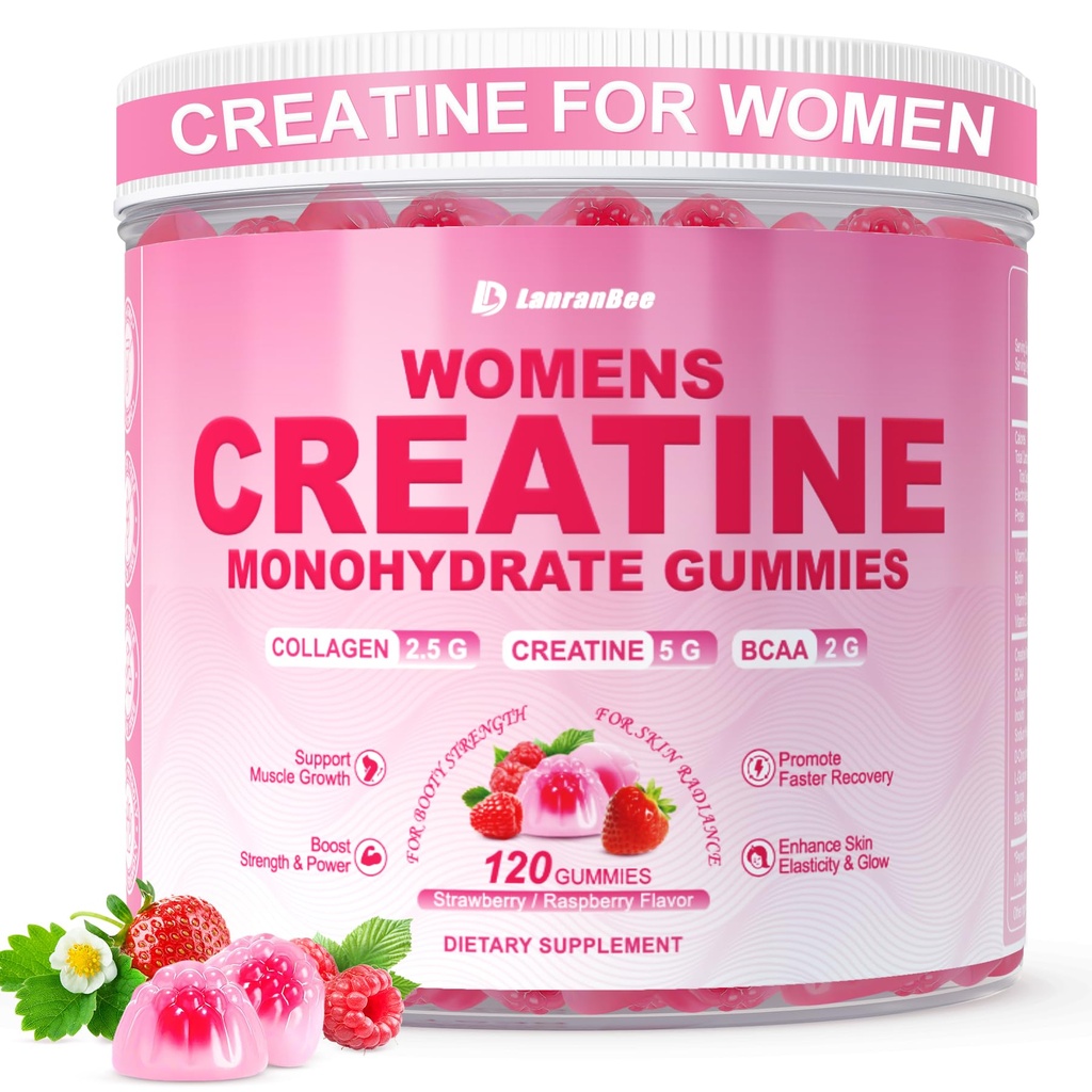 Kreatin för kvinnor, kreatinmonohydrat Gummies med Collagen, BCAA, L-karnitin och taurin, jordgubbsmak, energikreatintillskott för muskelstyrka, energiboost, sockerfri, 120 greve