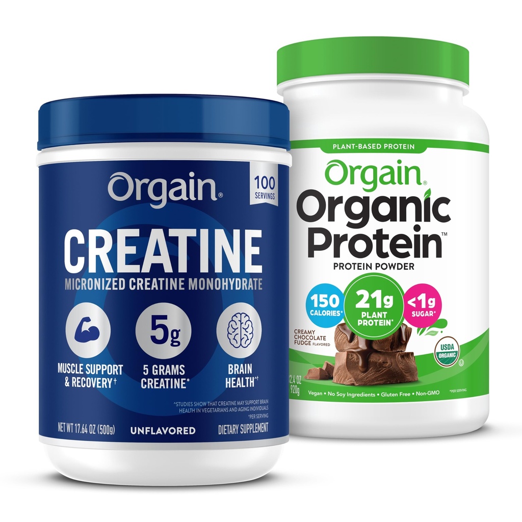 Orgain Kreatin Monohydratpulver (17,64 Oz, 100 portioner) & Organic Vegan Chocolate Fudge Proteinpulver (2,03 lb) Bundle - Plant-Based Protein & Muscle Support
