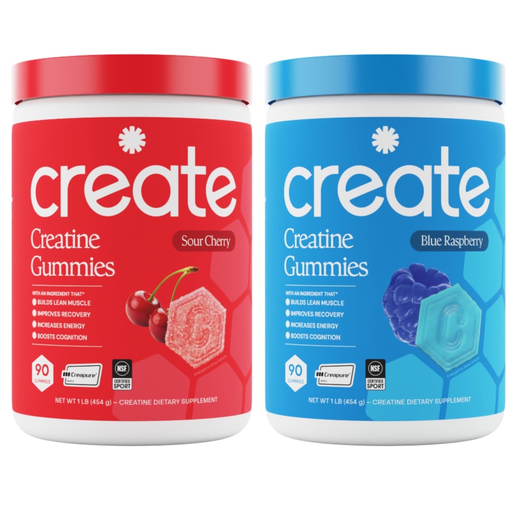Skapa kreatinmonohydrat Gummies - Rocket Pop Duo - Blå Raspberry & Sour Cherry - Kreatin Gummies för kvinnor och män, NSF Certified, 3rd Party Tested, Anti-Melting Formel, 180 greve (2-Pack)